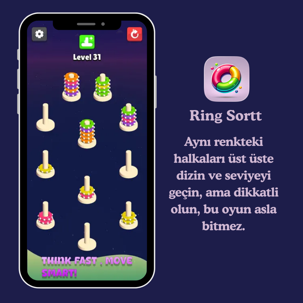 Renkleri Eşleştir, Halkaları Diz, Seviyeleri Geç